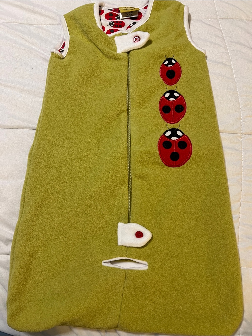 Eleanor - 0-9m, Kids Olive Green Fleece Sleep Sack with Ladybug Applique